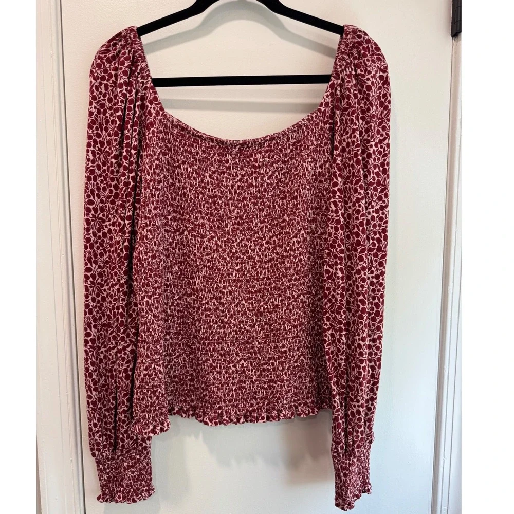 Boden Burgundy Floral Smocked Square Neck Long‎ Sleeve Top Womens US 12